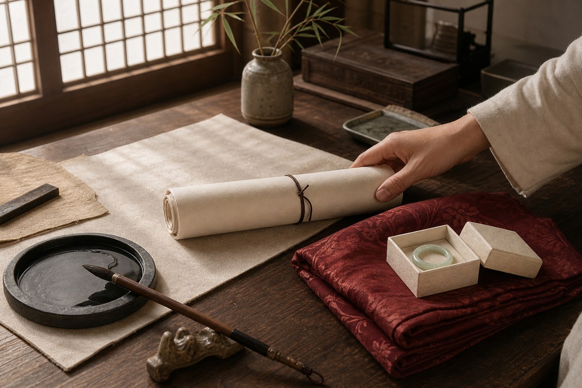 Song-inspired scholar desk with a blank examination scroll, brush, inkstone, red wedding textile, and jade ring