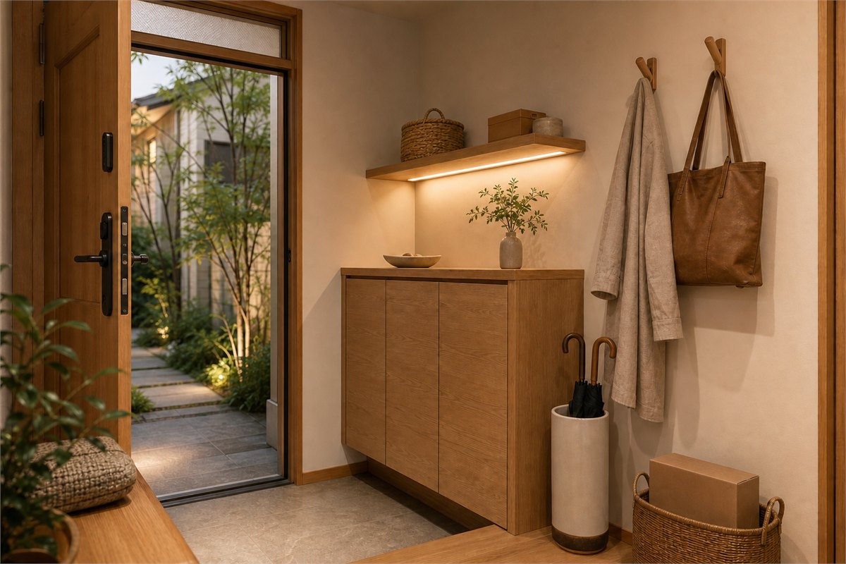 Warmly lit compact entry with closed shoe storage, key tray, umbrella stand, hooks, and a clear door swing