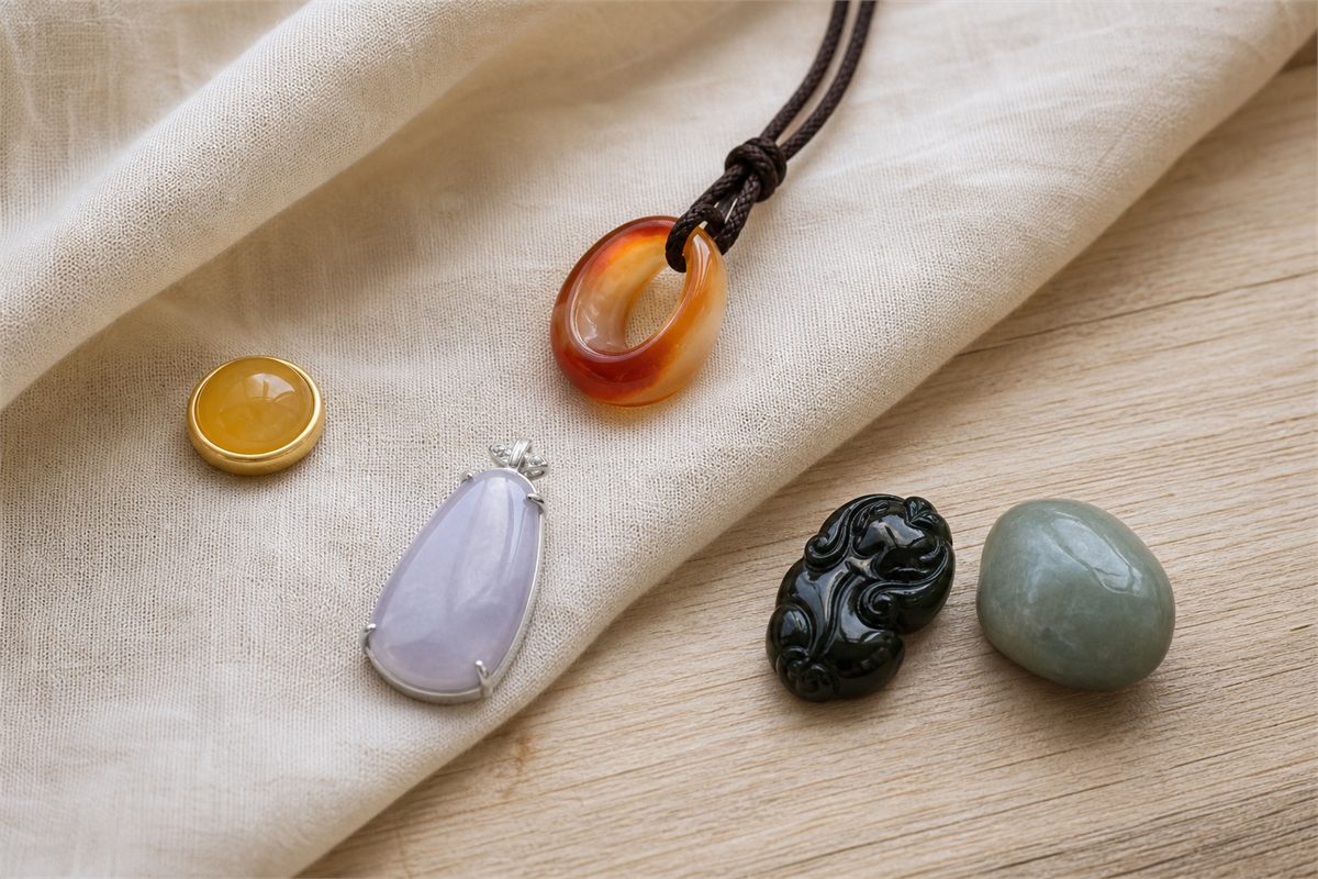 Yellow, red-orange, lavender, black, and blue-green jade jewelry arranged on linen and pale wood