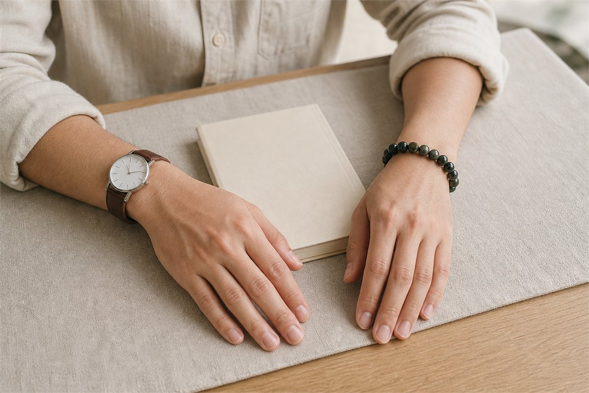 Adult wearing an unbranded watch on one wrist and a stone bead bracelet on the other