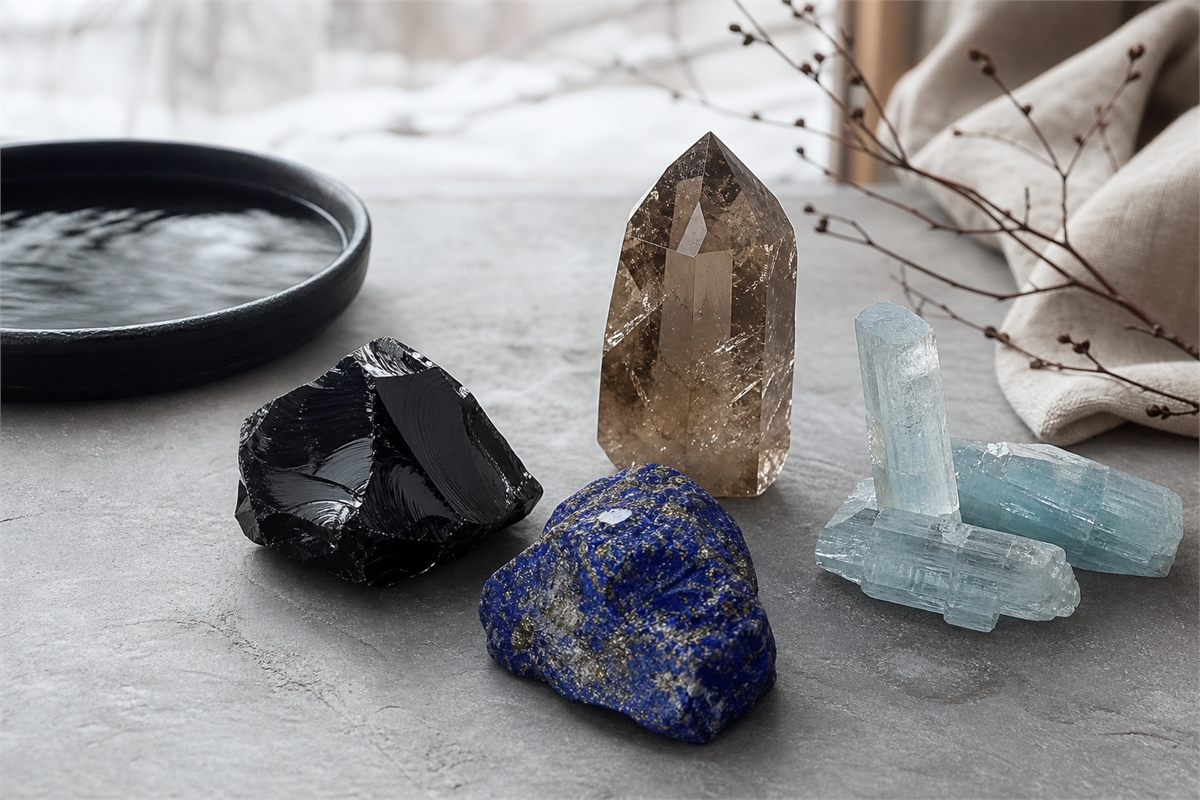 Black obsidian, smoky quartz, lapis lazuli, and aquamarine arranged on gray stone beside a dark water dish