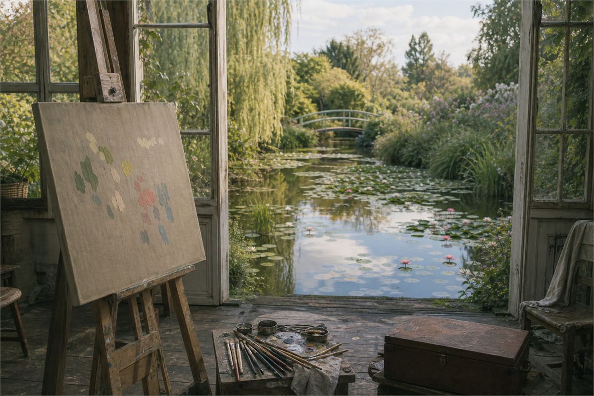 Artist’s studio with blank-toned canvas opening toward a reflective pond of water lilies and a distant bridge