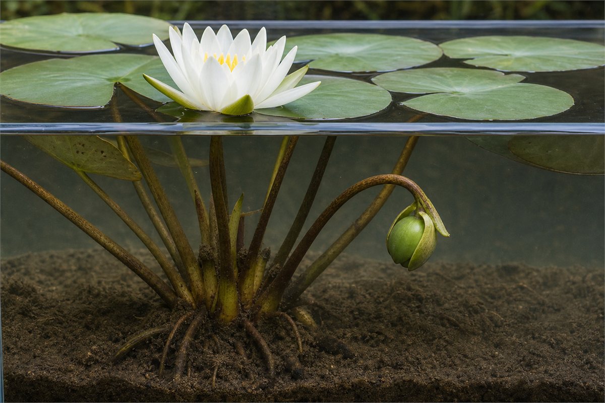 White water lily above cleft pads with a smooth green fruit on a curved stalk below the water surface