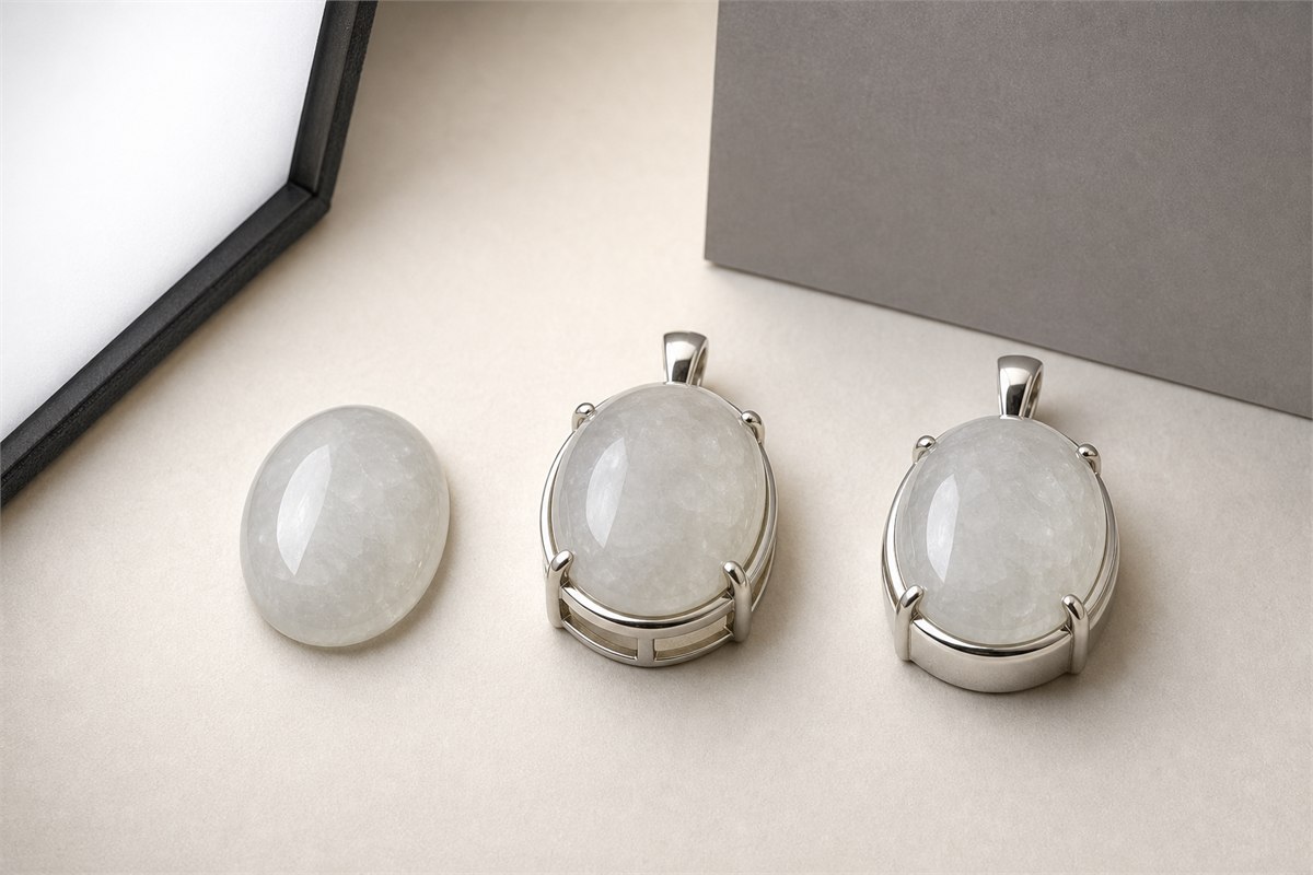 Loose and mounted pale water mo jade cabochons shown under neutral diffused lighting