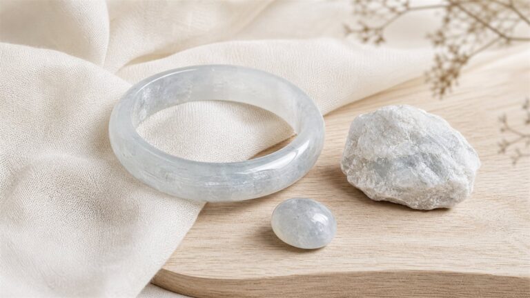 Pale water mo jade bangle, oval cabochon, and rough albite-rich stone on ivory linen