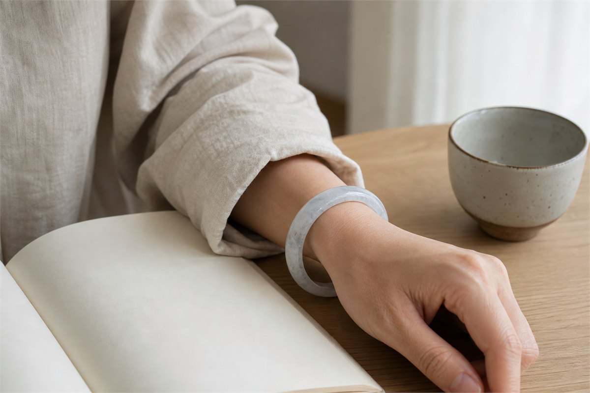 Pale water mo jade bangle worn alone with a cream linen sleeve beside a book and ceramic cup