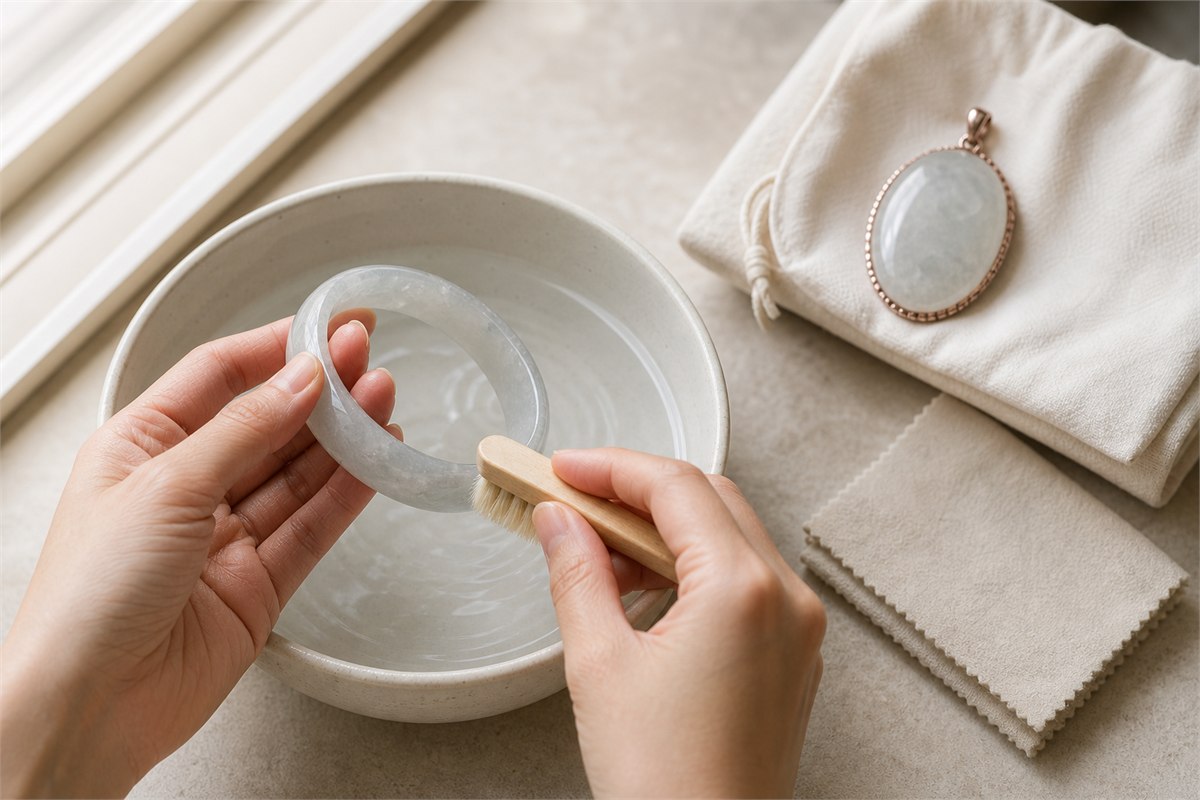 Hands cleaning a water mo jade bangle with lukewarm water and a soft brush