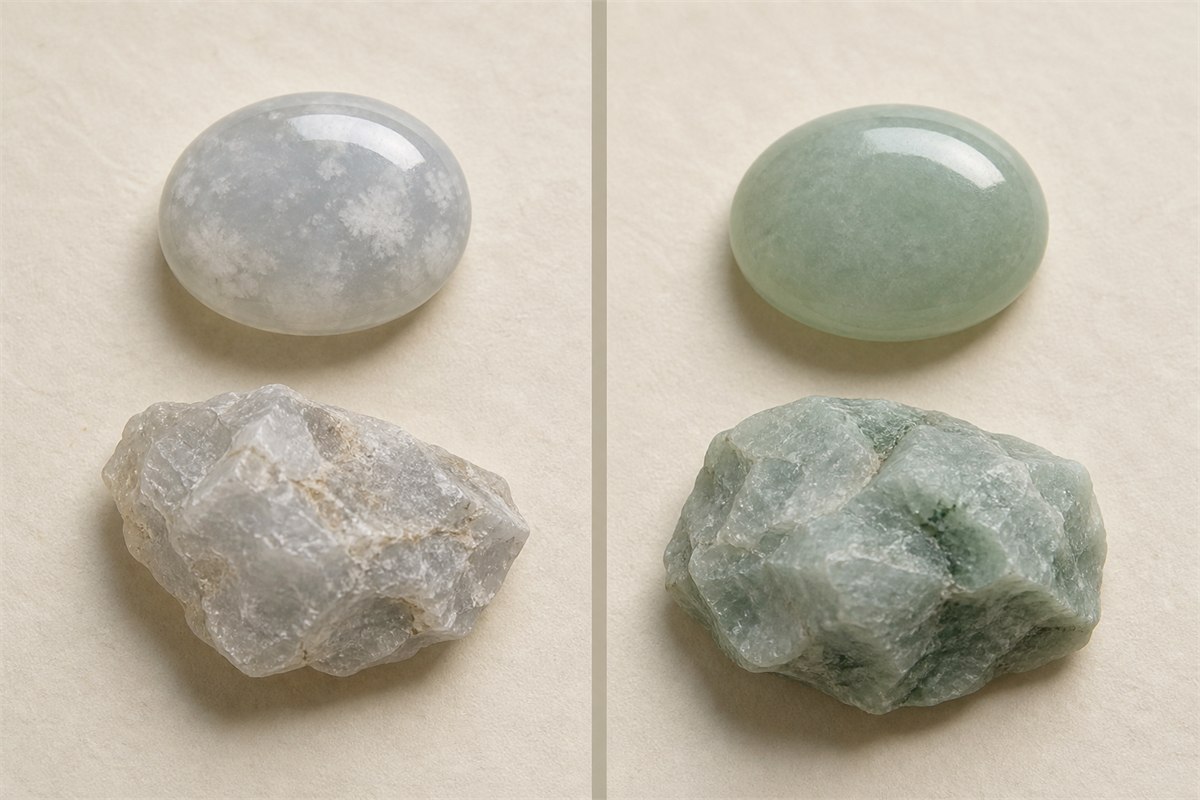 Gray-white water mo jade and pale green jadeite cabochons with separate rough specimens