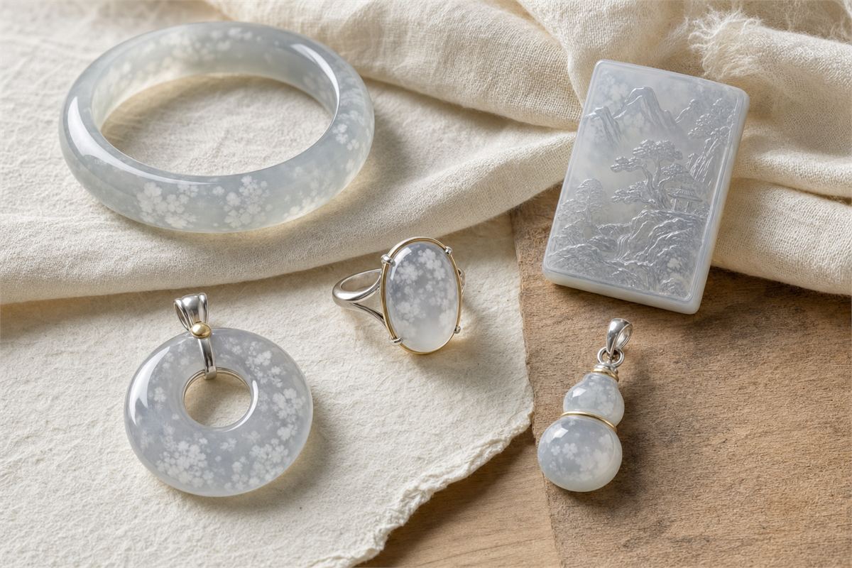 Water mo jade bangle, safety-circle pendant, cabochon ring, gourd pendant, and carved plaque