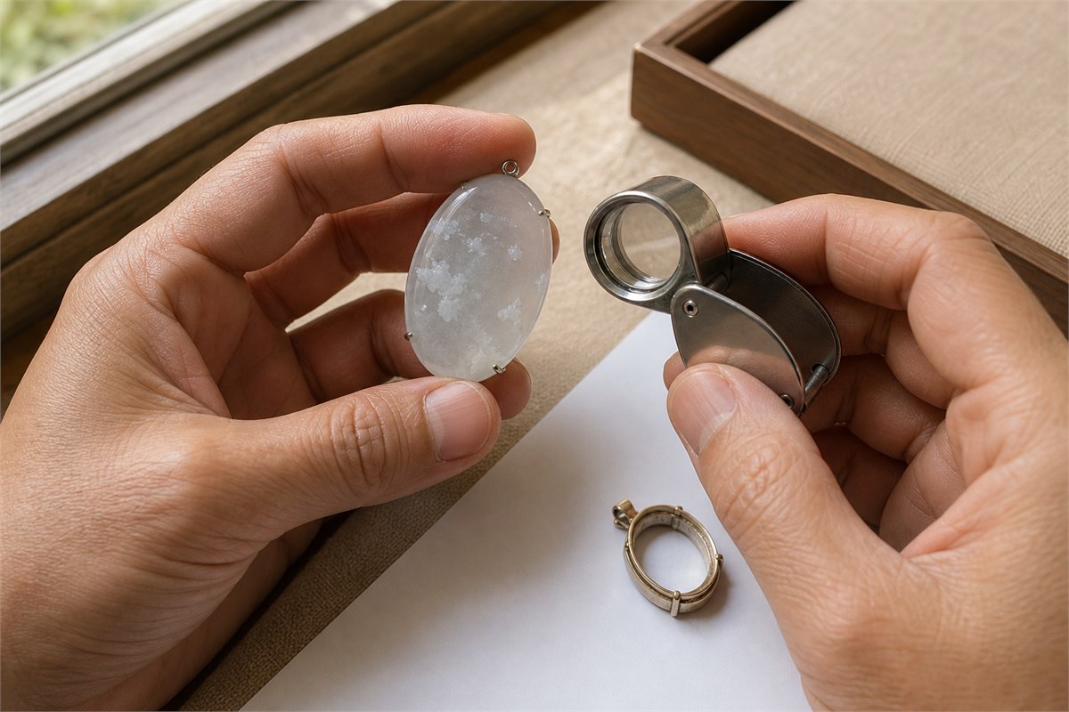Hands examining a pale water mo jade pendant with a jeweler loupe in window light