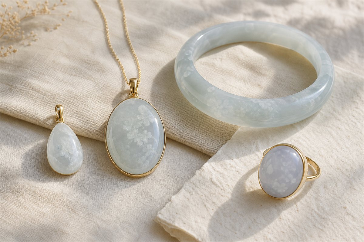 Water mo jade pendants, bangle, and cabochon ring with varied translucency and workmanship