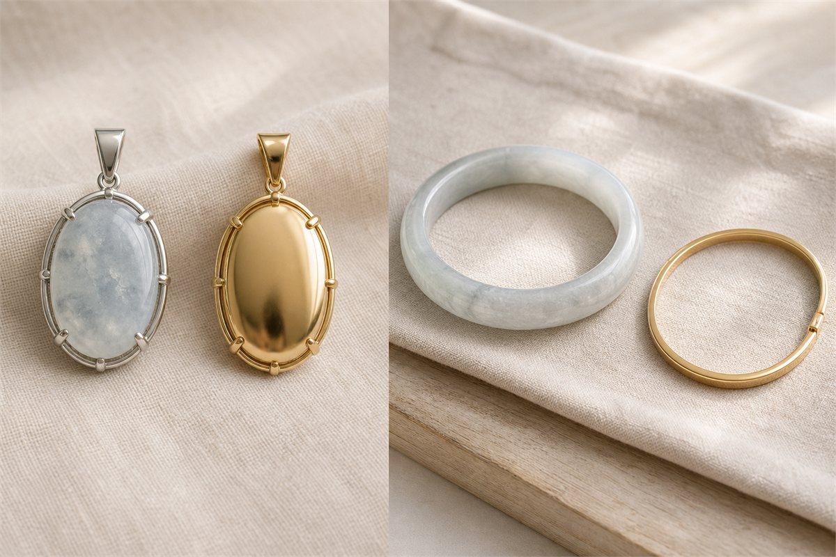 Water mo jade pendant settings and a bangle separated from a slim gold bracelet
