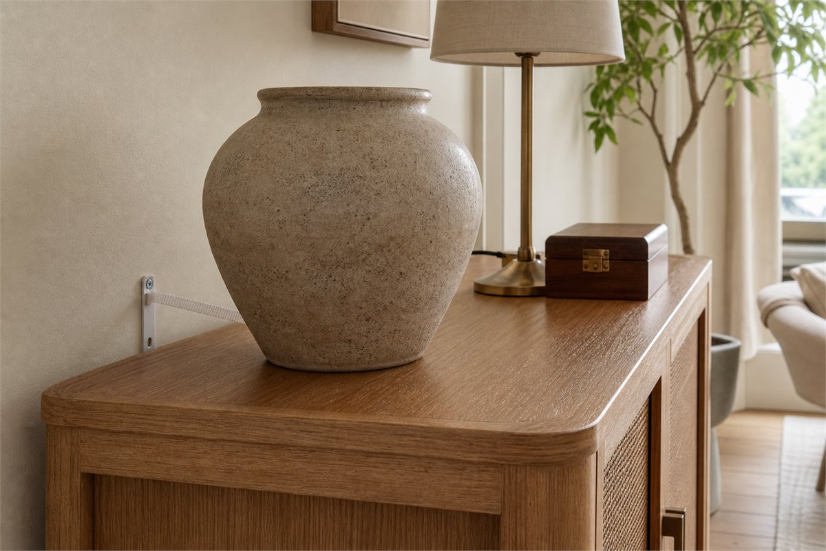 Large ceramic vessel placed on a stable cabinet with an anti-tip fitting, tidy lamp cord, and latched box