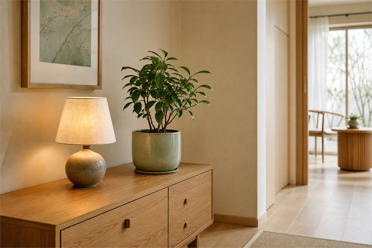 Warm LED lamp and healthy plant on a light-wood cabinet beside an open walkway