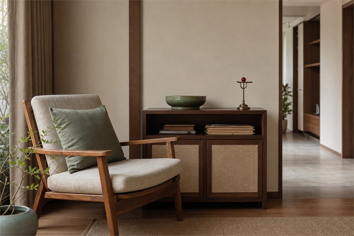 Linen armchair beside closed storage, paper files, a ceramic bowl, and a small brass accent