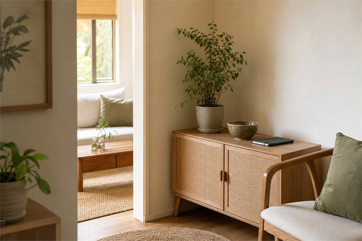 Quiet home corner with a plant, ceramic bowl, notebook, cabinet, and armchair