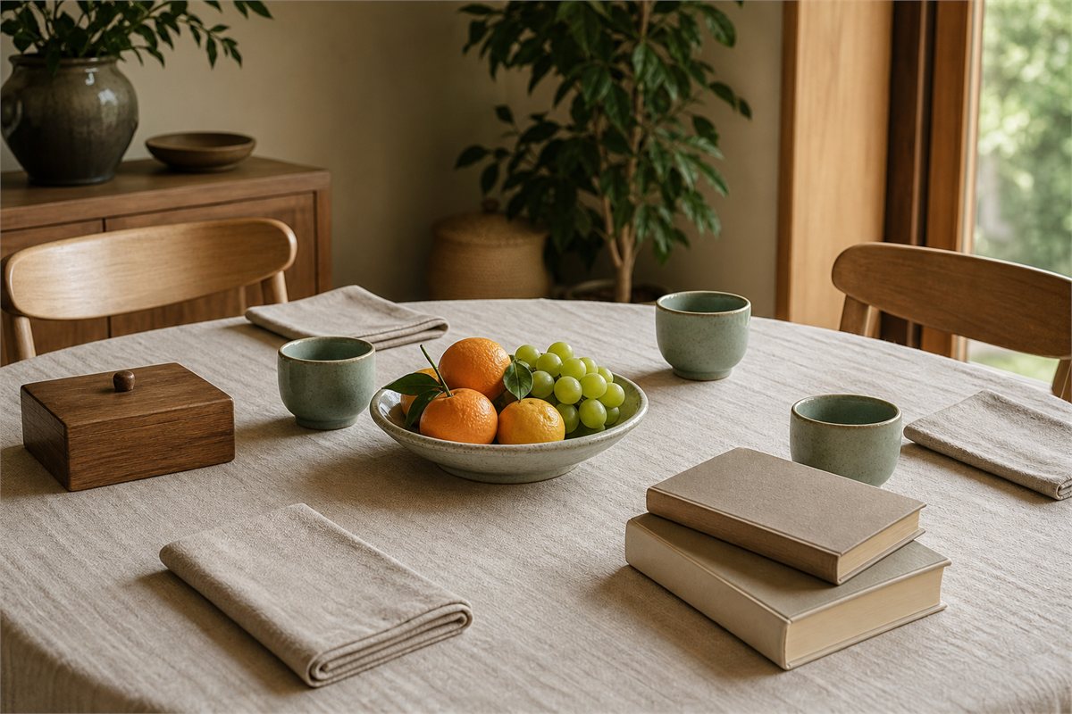 Shared table with three green ceramic cups, fruit, linen napkins, books and a wooden keepsake box