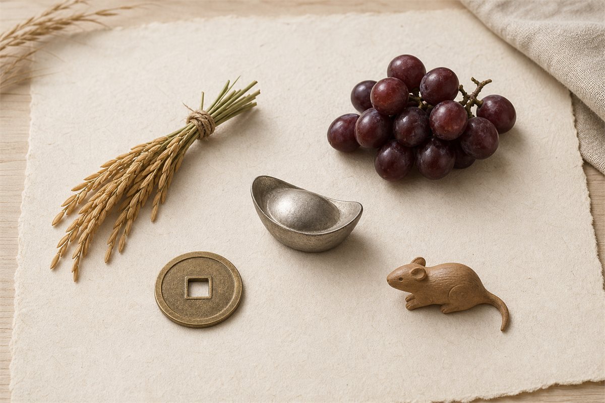 Square-holed coin, sycee-shaped ingot, grain, grapes, and a small wooden rat arranged for comparison