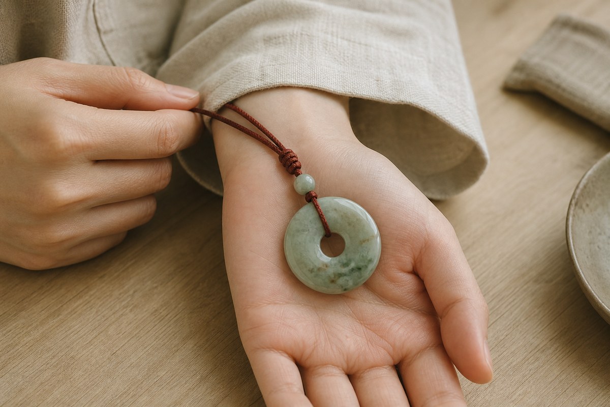A person holding a jade bi-inspired pendant on a red-brown cord in soft daylight.