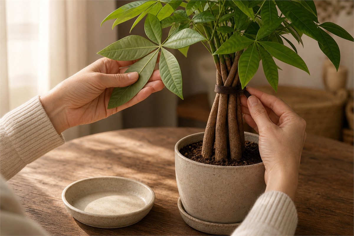 Hand checking a money tree leaf underside and braid tie during a weekly care routine