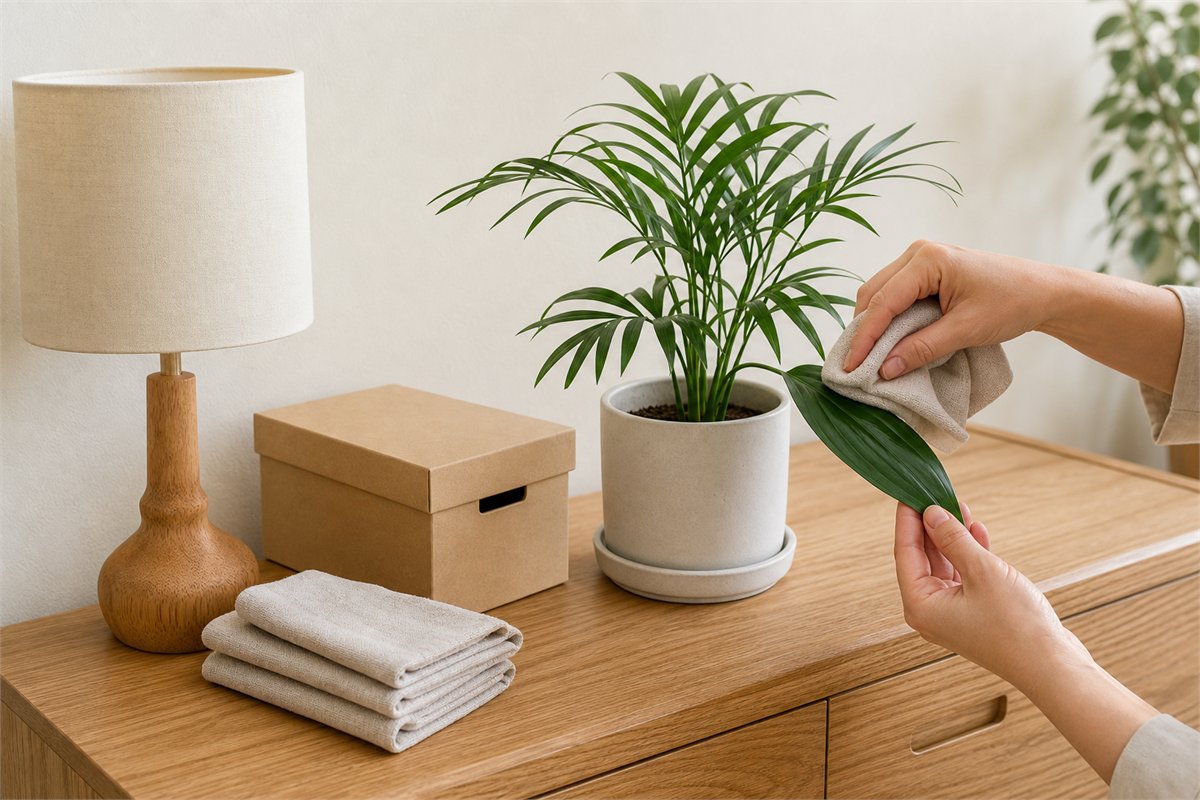 Hands wiping a parlor palm leaf beside folded cloths, a file box, and an unlit lamp