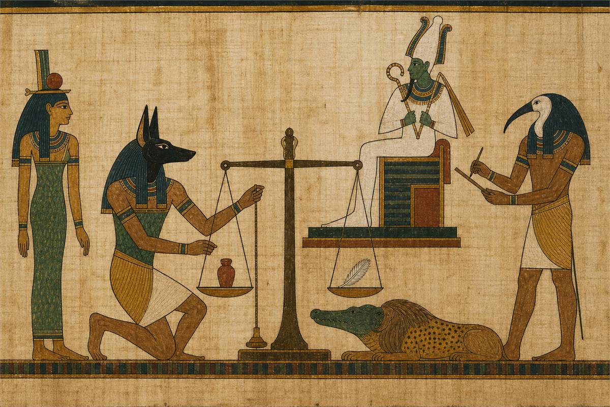 Ancient Egyptian weighing scene with the heart and Ma'at feather on a balance attended by Anubis, Thoth, Osiris, and Ammit