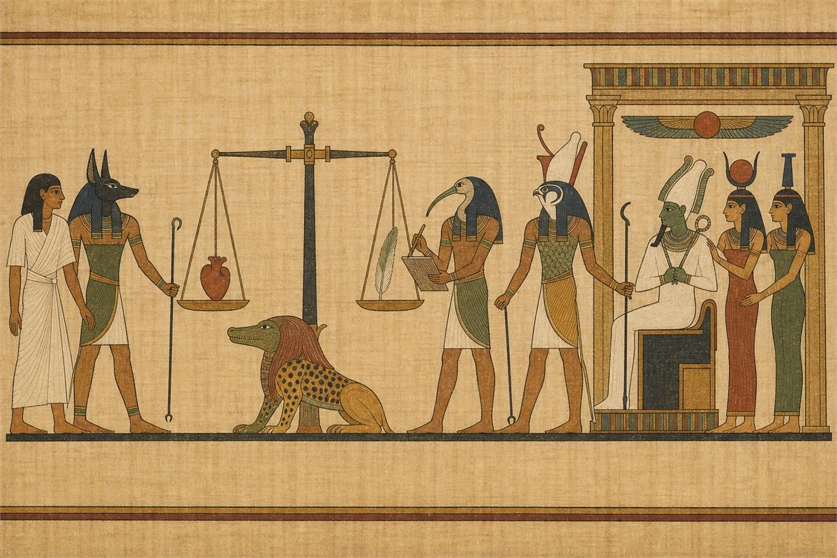 Original educational papyrus scene with Anubis, a heart-and-feather balance, Ammit, Thoth, Horus, and enthroned Osiris