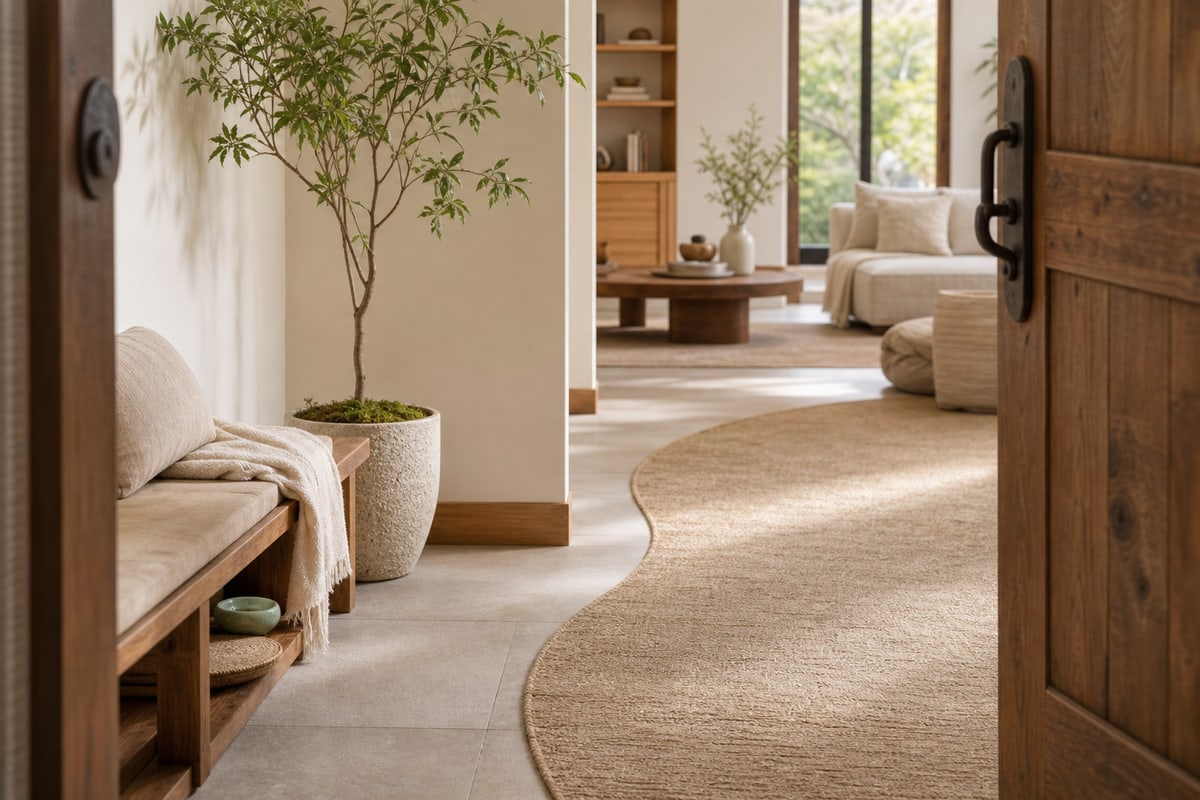 Open front door leading along a gentle curved path into a naturally lit living room