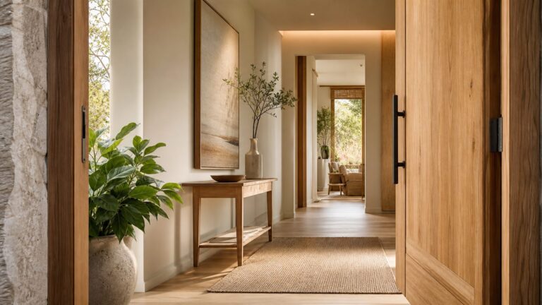 Warm wood front door opening into a softly lit entryway with a clear path, flat mat, and potted green plant
