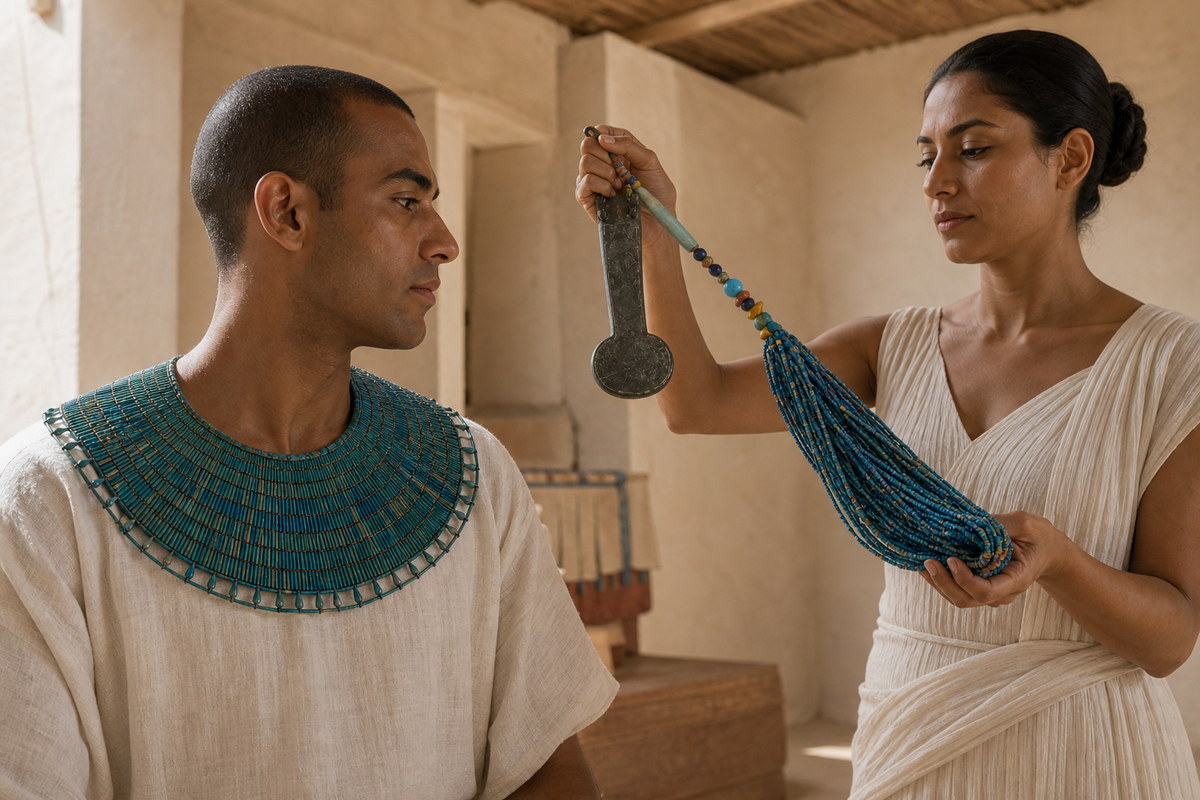 Man wearing a flexible wesekh broad collar beside a woman holding a menat with dense bead strands and counterpoise