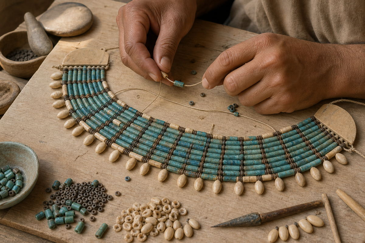 Hands stringing rows of blue-green and cream beads into a flexible wesekh collar with linen cord and end pieces