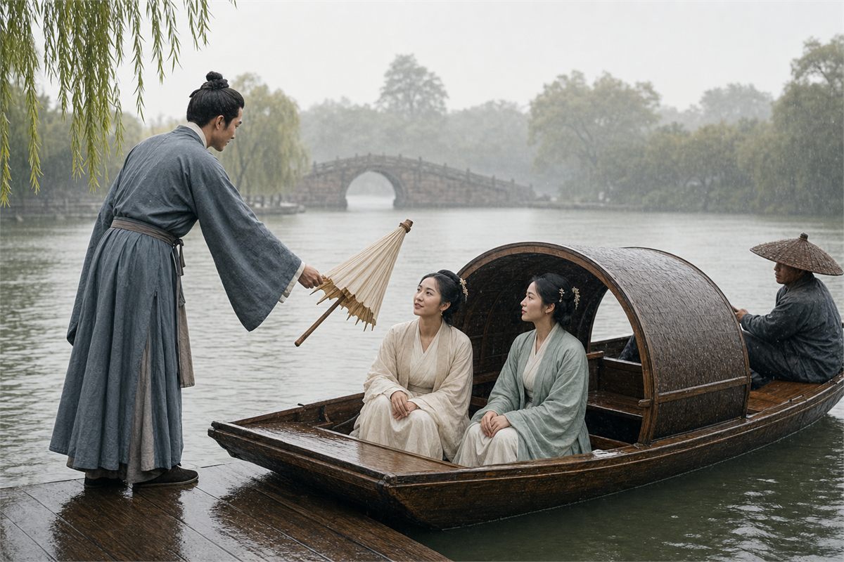 Scholar offering an oil-paper umbrella to two women in a wooden boat during light rain on West Lake
