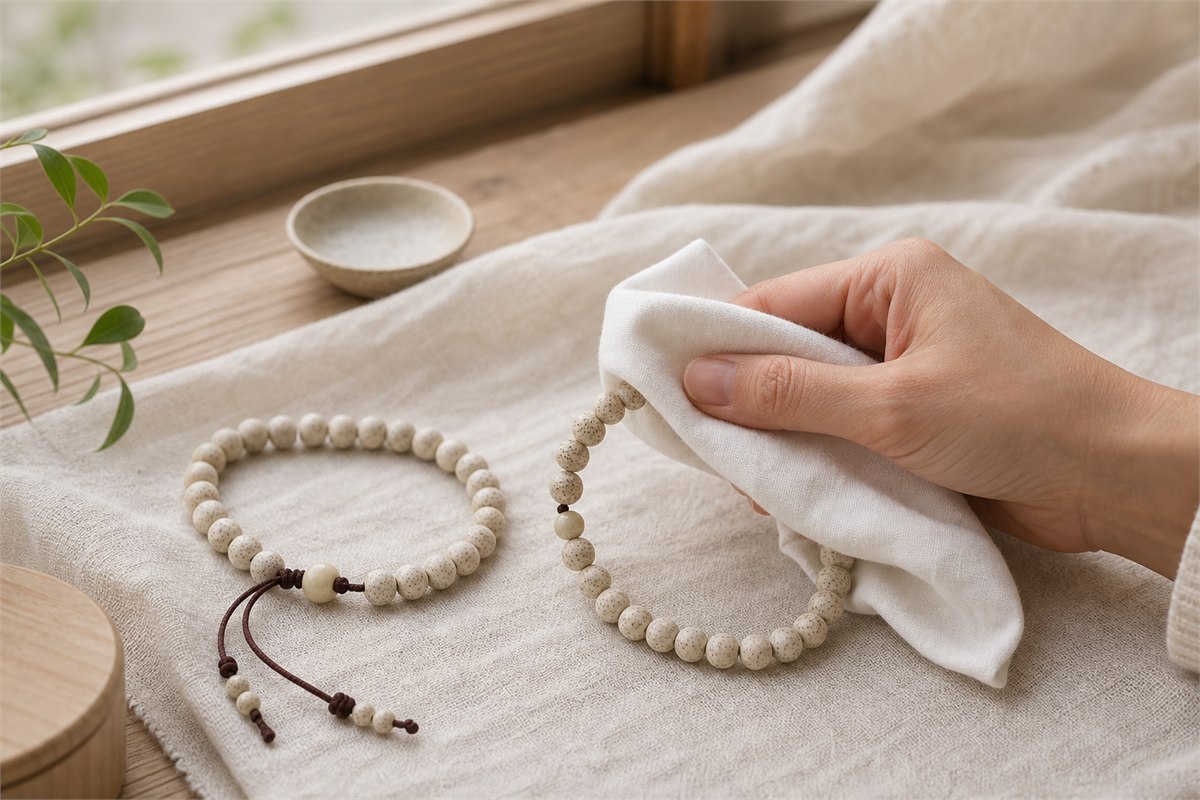 Hand blotting a damp Bodhi bead strand with dry cotton near an open shaded window