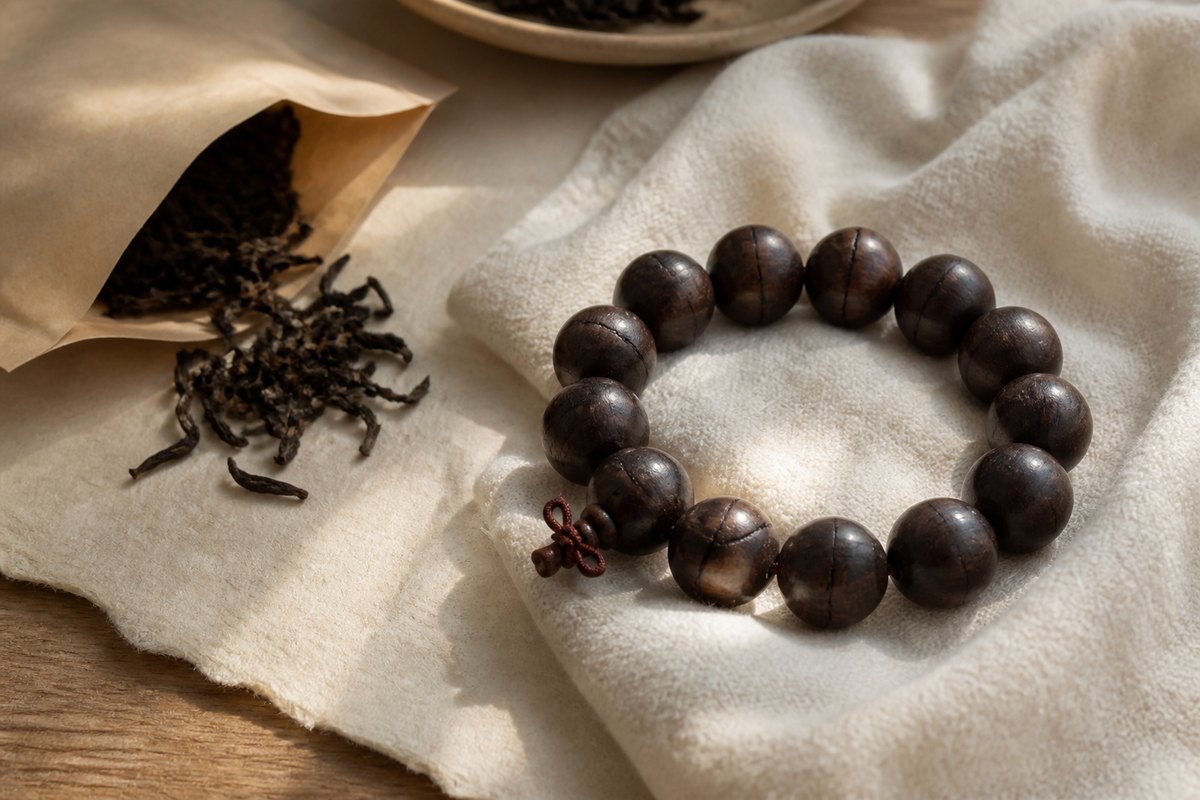 Thunderstruck wood bracelet drying on a clean cloth beside tea leaves and a small paper pouch