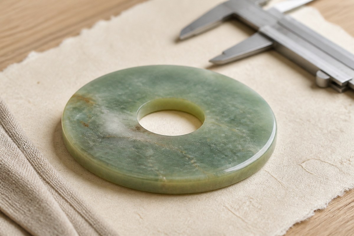 A flat jade bi disk beside a measuring caliper on handmade paper.