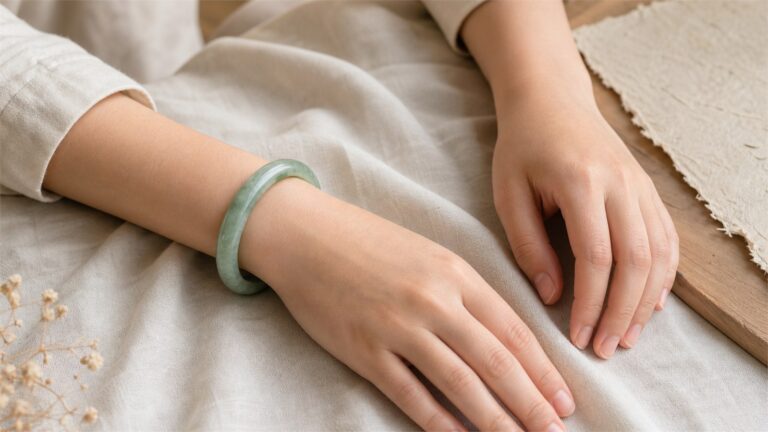 Green jade bangle worn on the left wrist beside a relaxed right hand