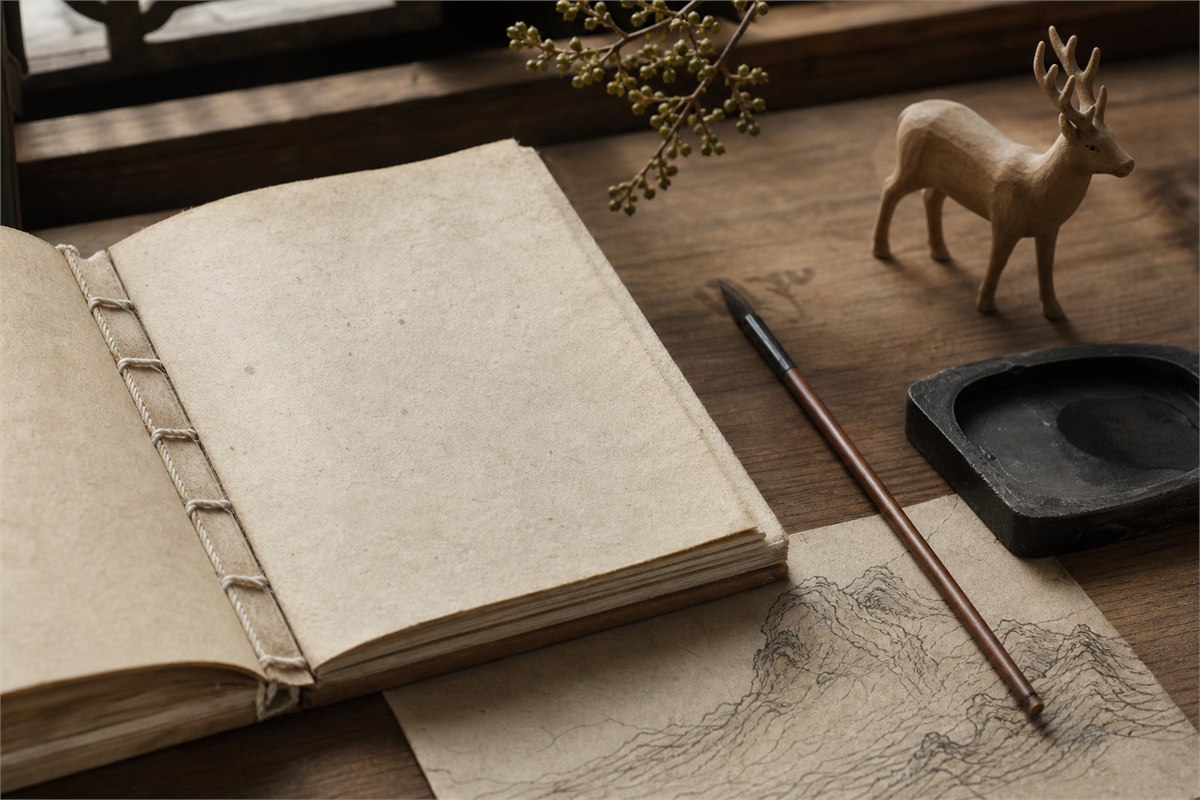 Blank thread-bound folio, brush, inkstone, mountain sketch, and wooden deer model on a scholar desk