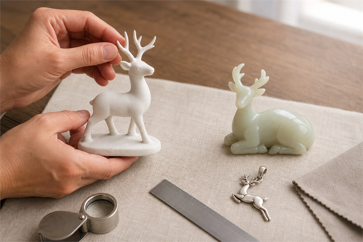 Hands inspect a ceramic deer, nephrite deer carving, and silver-tone deer pendant with a magnifier and ruler