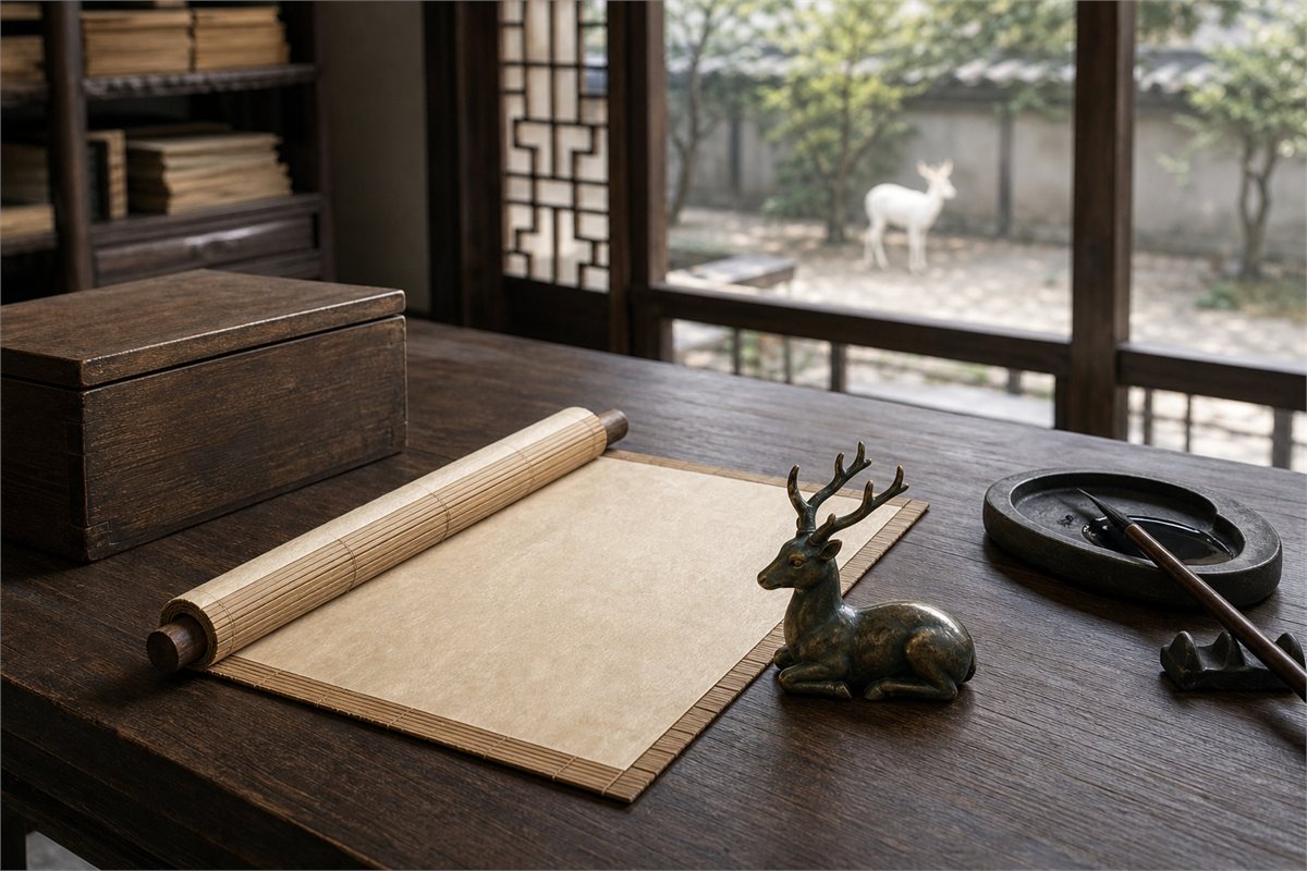 Blank archival dossier, bronze deer weight, brush and inkstone with a white deer visible in a distant courtyard