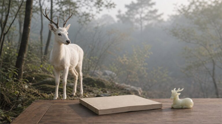 Creamy-white deer in a misty woodland beside an unmarked folio and pale nephrite deer carving