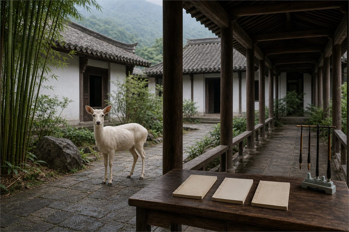 White deer in a mountain academy courtyard beside blank thread-bound folios and brushes