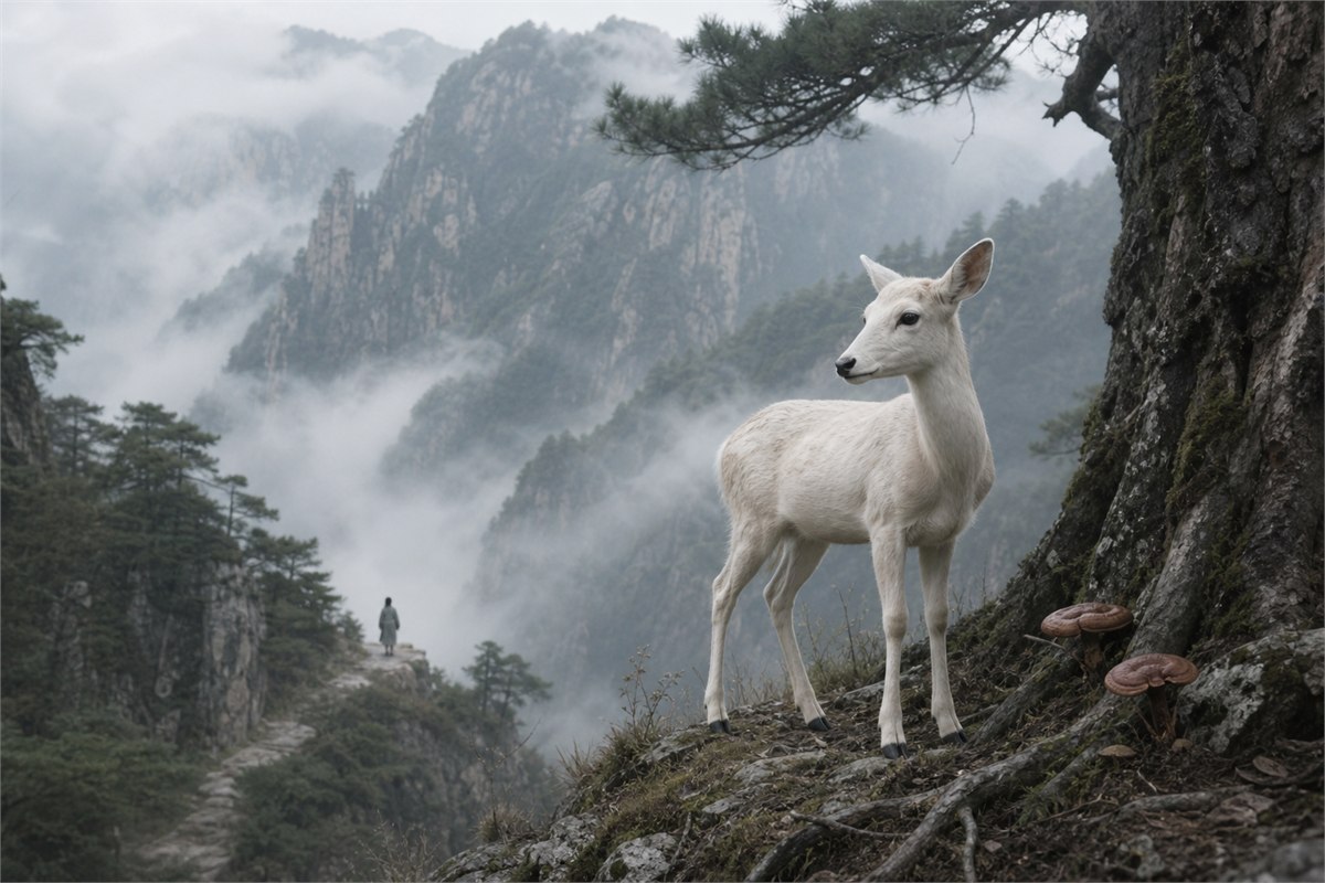 Creamy-white deer beside pine roots and lingzhi in a misty mountain landscape with a distant scholar