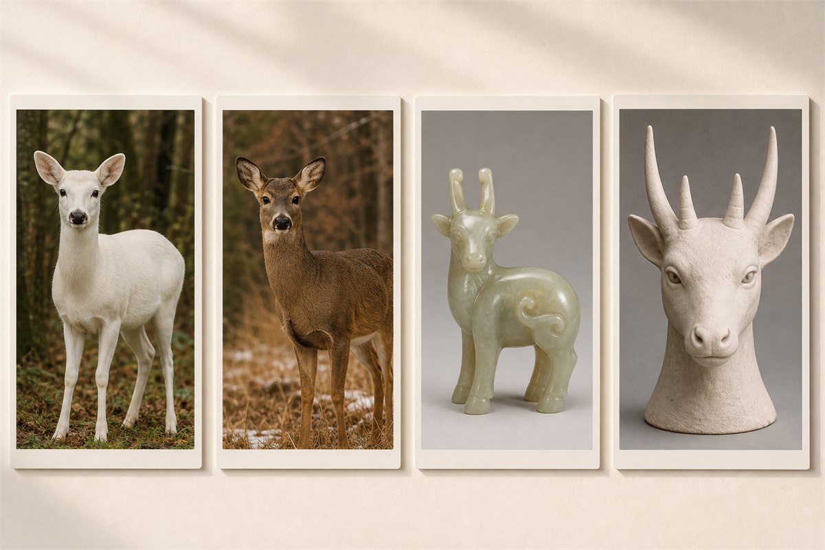 Four reference cards showing a white deer, brown deer, nephrite deer carving, and four-horned Fuzhu bust