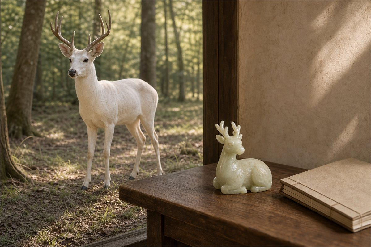 Living creamy-white deer in woodland beside a separate pale nephrite deer carving and blank folio