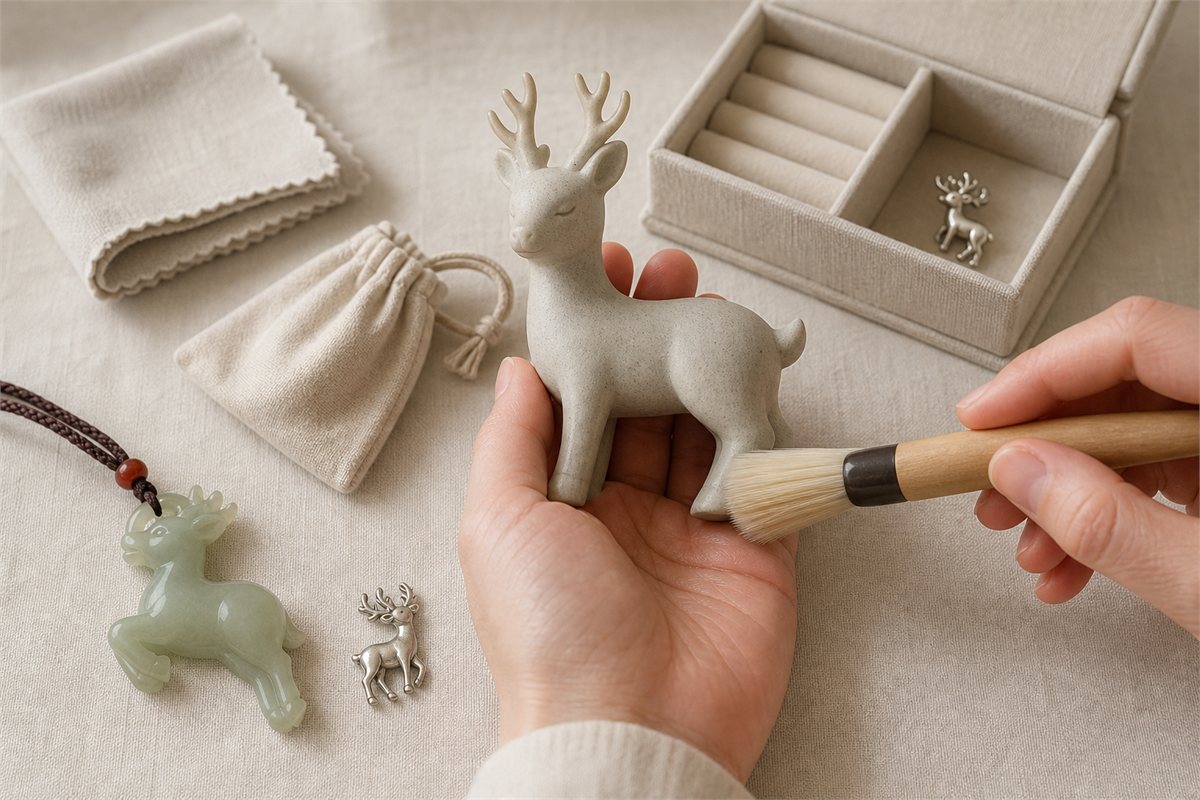 Hands support and dust a ceramic deer beside a nephrite pendant, metal charms, cloth, pouch and divided box