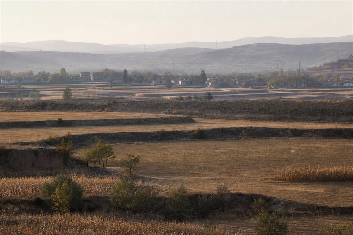 Wide loess plateau farmland and village landscape with a tiny pale deer in the distance