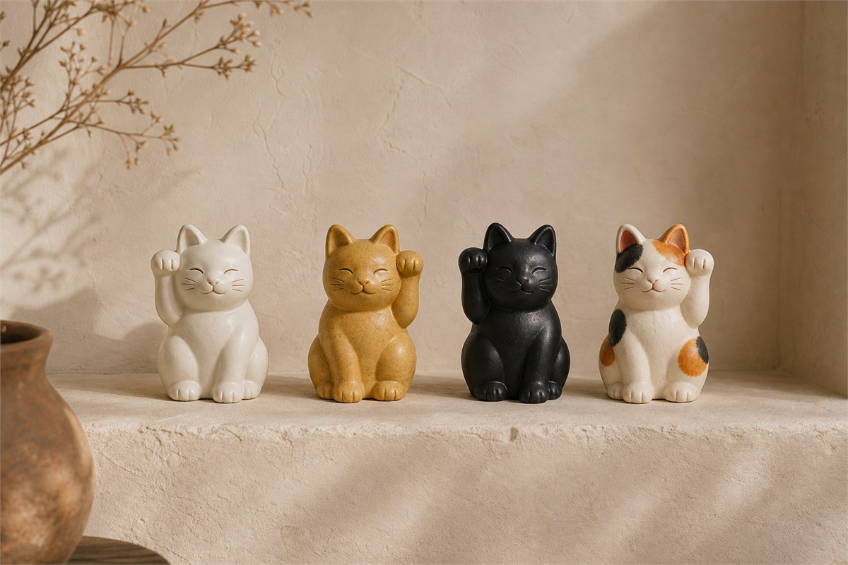 Four ceramic lucky cats in white, muted gold, black, and calico finishes displayed separately on a warm neutral shelf