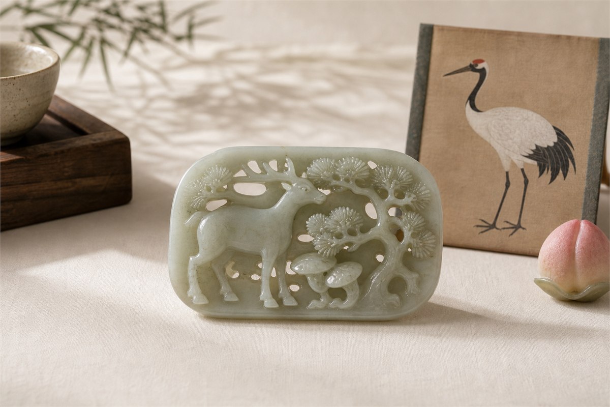 Pale jade deer with lingzhi and pine beside a red-crowned crane motif and peach ornament