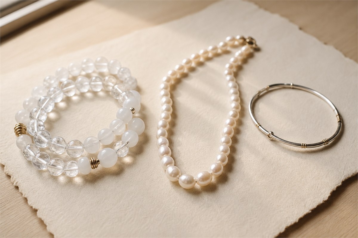 Clear quartz, white chalcedony, pearl, and silver metal bracelets on cream paper