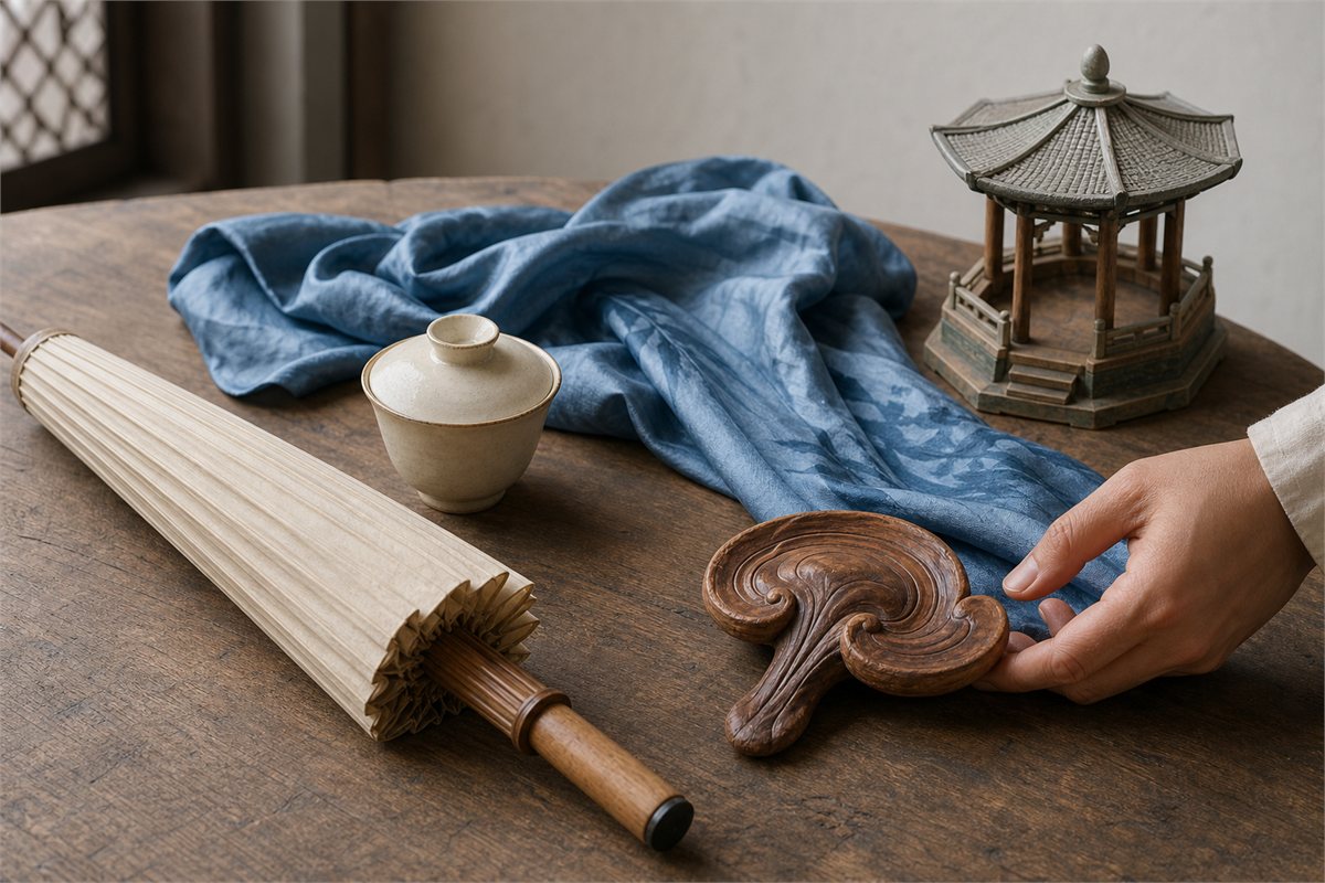 Oil-paper umbrella, covered ceramic cup, carved lingzhi prop, blue silk, and small pagoda model on a rehearsal table